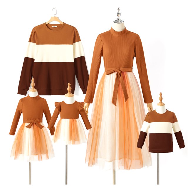 PatPat Family Matching Outfits Long Sleeve Mesh Dresses and Color-Block Sweater Sets