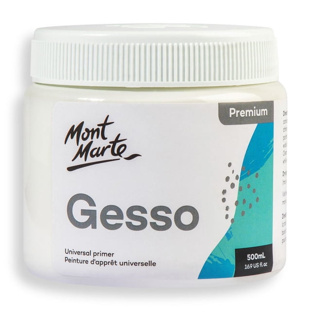 MONT MARTE Gesso Universal Primer Tub, Bright White Finish – 500ml, white plastic container with ribbed screw lid, labeled as a premium universal primer for canvas, wood, and cardboard, water-based formula that improves paint adhesion and vibrancy for acrylic and oil paints, featuring a blue and teal abstract design on the label, suitable for creating a smooth, bright white base for painting projects.
