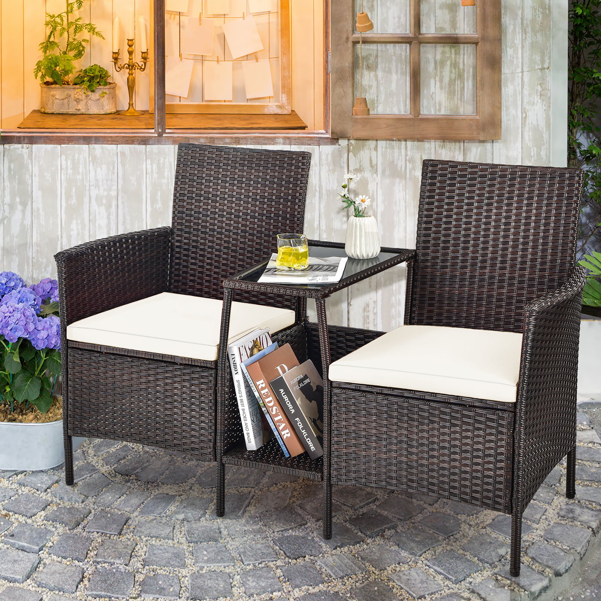 Costway Ensemble de Conversation en Rotin pour Patio Canapé Coussiné Causeuse Table en Verre Blanc Cassé