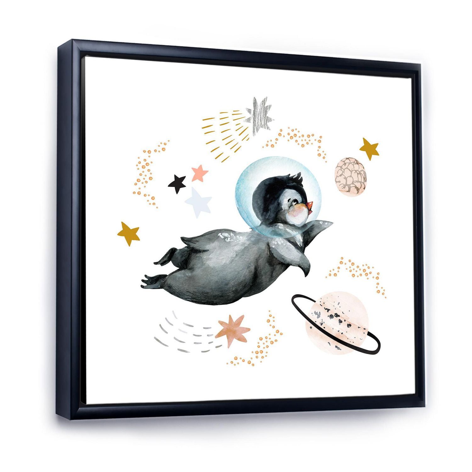 Designart Little Penguin Flying Stars and Planets II FLOAT FRAME WALL ART