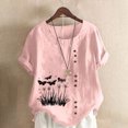 thumbnail image 2 of QATAINLAV Hauts en Coton et Lin pour Femmes 2025 Col Ras du Cou Manches Courtes Retroussées T-Shirt Tendance à Imprimé Floral Blouse Décontractée Coupe Ample Tenues de Vacances Soldes de la Rentrée Rose m, 2 of 5