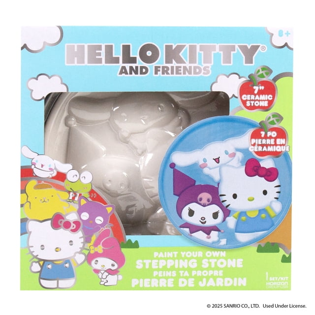 Hello Kitty® And Friends Paint Your Own Stepping Stone kit featuring a 7-inch white ceramic stone embossed with Hello Kitty and friends characters, including six acrylic paints and a brush, perfect for kids craft kits and arts and crafts for kids aged 8 and up.
