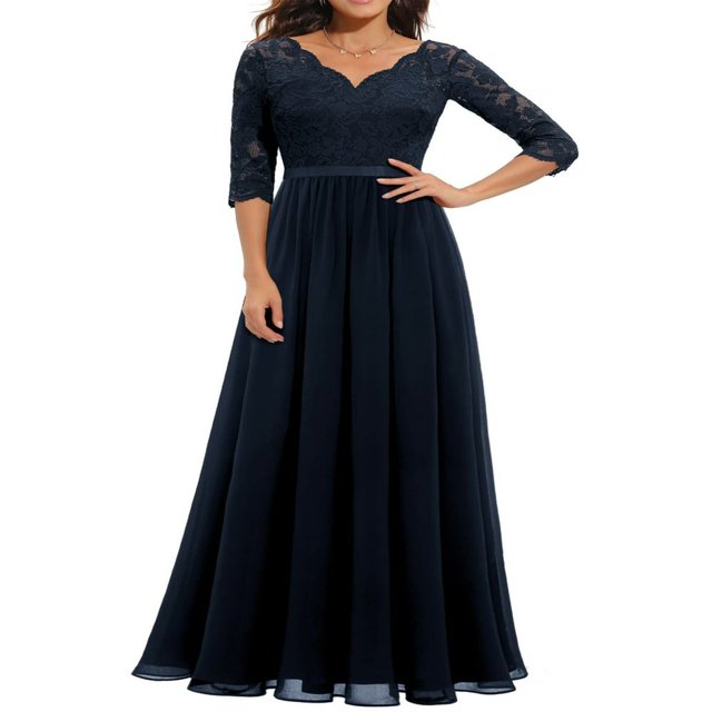 QJUHUNG Robe Formelle à Fleurs pour Femmes à Manches Mi-Longues, Col en V, Élégante Demoiselle d'Honneur, Robe Fluide, Cocktail, Soirée, Fête, Maxi, Longue