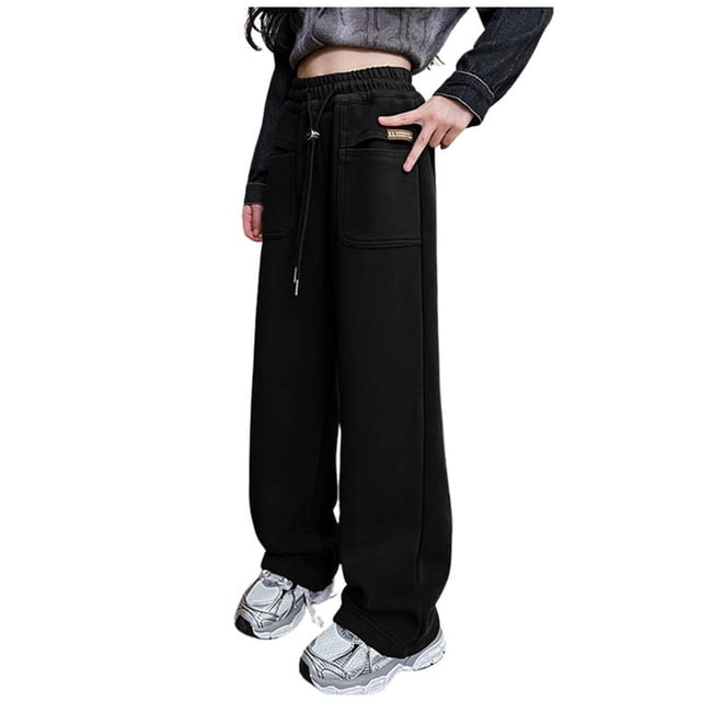 MIASHUI Girls Sweatpants Boys Drawstring Elastic Active Joggers Straight Leg Trousers,Black,11-12 Years