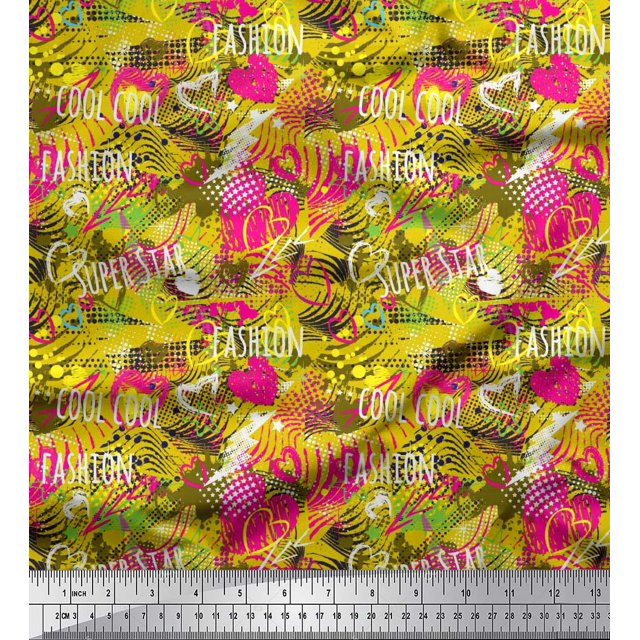 Soimoi Yellow polyester Crepe Fabric Heart,Star & Fashion Text Printed Craft Fabric by the Yard 52 Inch Wide