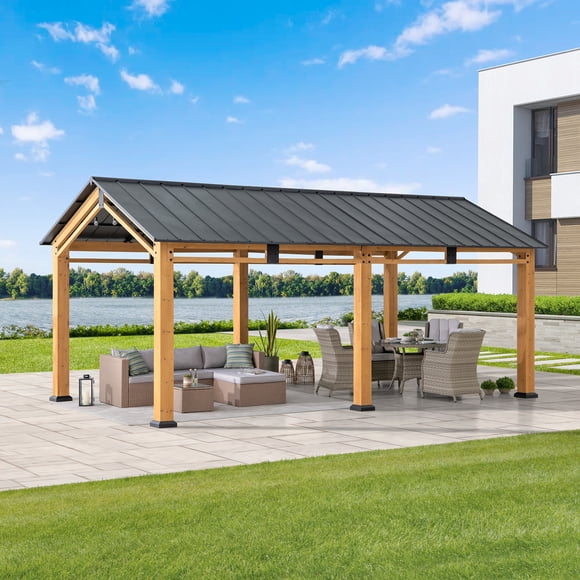 Sunjoy Carport 11 ft. x 20 ft. avec Cadre en Bois de Cèdre, Gazebo Extérieur Hardtop, Toit en Acier à Pignon, Ombre pour Jardin, Fêtes, Patios, Jardins ou Porches