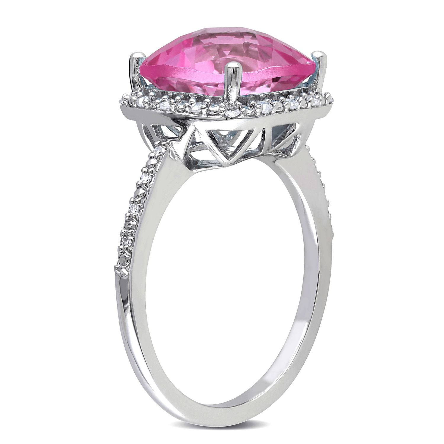 Bague cocktail de forme auréole Tangelo avec saphir rosé synthétique 5,75 CT PBT et accents de diamants, en argent sterling