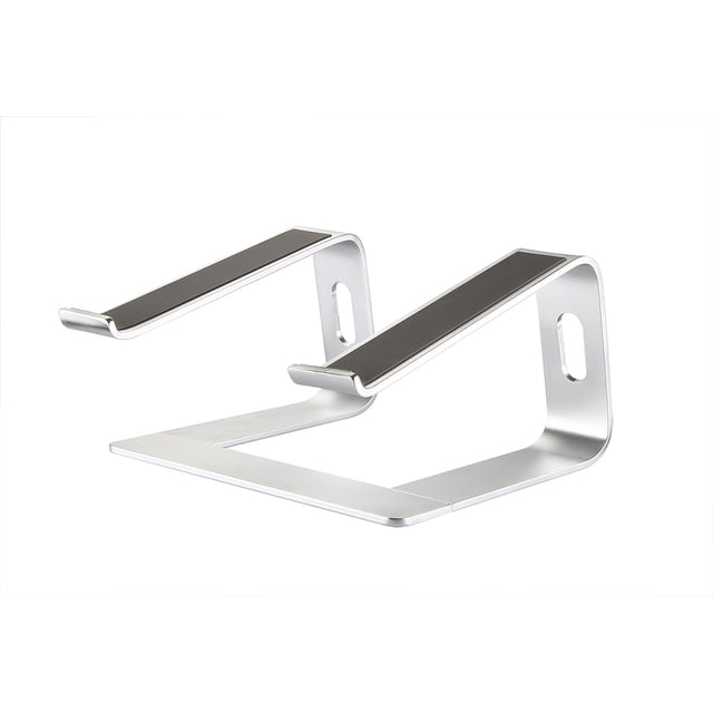 S5 Laptop Stand Holder Aluminum Desktop Holder Notebook PC Computer Stand Replacement for MacBook. Constructed from silver aluminum alloy, it features a raised design with rubberized non-slip pads for secure laptop placement. Ergonomic design elevates laptops to eye level, reducing neck and shoulder strain. Open structure enhances airflow for better heat dissipation. Compact design allows storage of keyboard and mouse underneath, maximizing desk space.