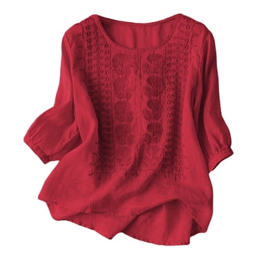 Lixiuxyad T-shirt à Col pour Femme à Broderie Florale, Haut Estival Décontracté pour Usage Quotidien avec Design Uni Rouge TTG