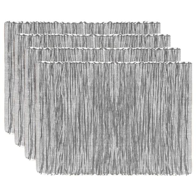 Fabstyles Shadows cotton placemats set of 4 in grey, each 13 x 19 inches, featuring a heavyweight woven texture with vertical stripes, designed for kitchen, dining, patio, and outdoor tables, also suitable for protecting surfaces during meals.