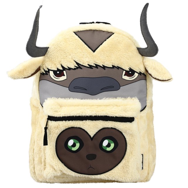 Avatar Anime Cartoon Appa and Momo Characters Reversible 3D Faux Fur Backpack featuring a beige faux fur design with 3D details of Appa's face on the main compartment and Momo's face on the front zipper pocket. The backpack includes adjustable padded shoulder straps for comfort and is made of durable faux fur and polyester. Dimensions are 12 inches wide, 16 inches high, and 5 inches deep. The reverse side showcases a repeat pattern of element symbols inspired by the Avatar anime cartoon.