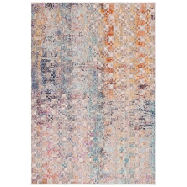 SAFAVIEH Rainbow Jamel Abstract Indoor/Outdoor Area Rug with a rectangular shape featuring a patchwork of small squares in muted blue, orange, ivory, and pink tones. Crafted from durable polypropylene, this fade- and water-resistant rug is suitable for patios, balconies, or living rooms as a versatile outdoor mat and area rug with a distressed, vintage-inspired abstract design.
