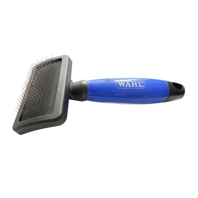 Wahl Dog Slicker Brush - Medium with a blue ergonomic handle featuring the Wahl logo and a black rectangular brush head with long, angled stainless steel bristles designed to penetrate deep into medium to long dog coats to remove mats and reduce shedding, ideal for daily grooming and coat health.
