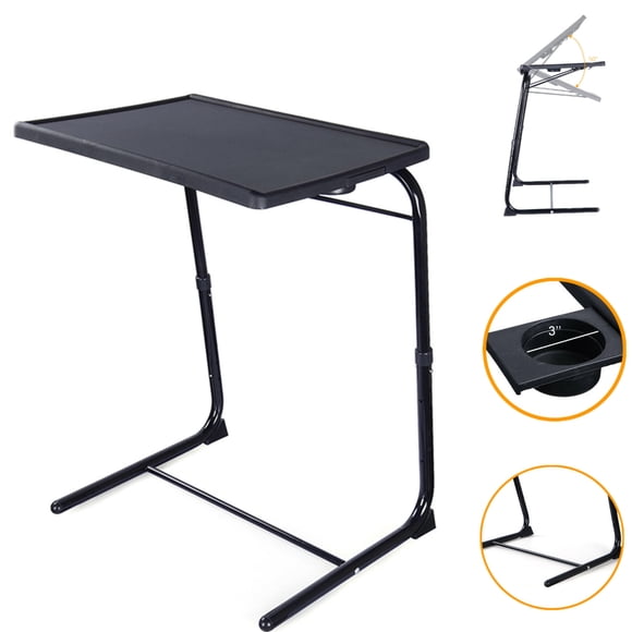 Portable TV Tray Table with 3'' Cup Holder for Bed & Sofa, Foldable Couch Table TV Dinner Tray with 6 Height and 3 Tilt Angle Adjustments