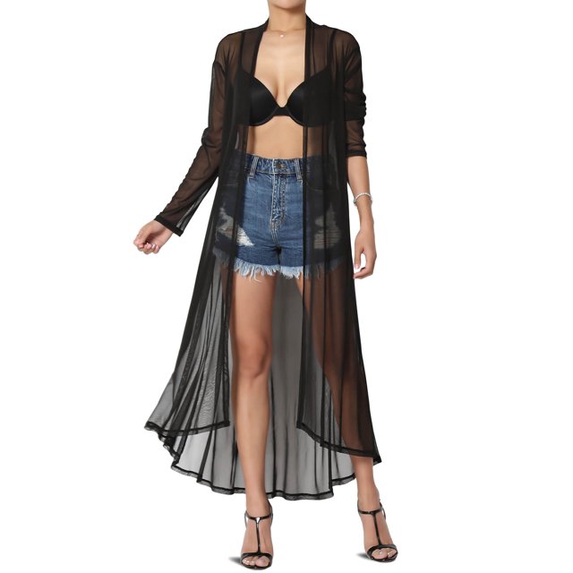 TheMogan Cardigan Ouvert à Manches Longues en Maille pour Femmes Mi-Mollet Caftan Transparent