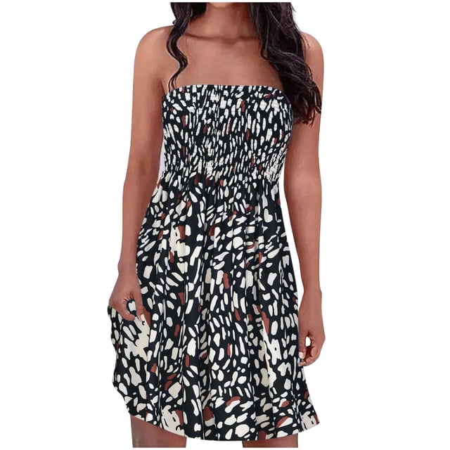 Pompotops Robe Sans Bretelles à Bande Élastique Style Bohème pour Femme Robes Robe Sans Manches à Imprimé Floral