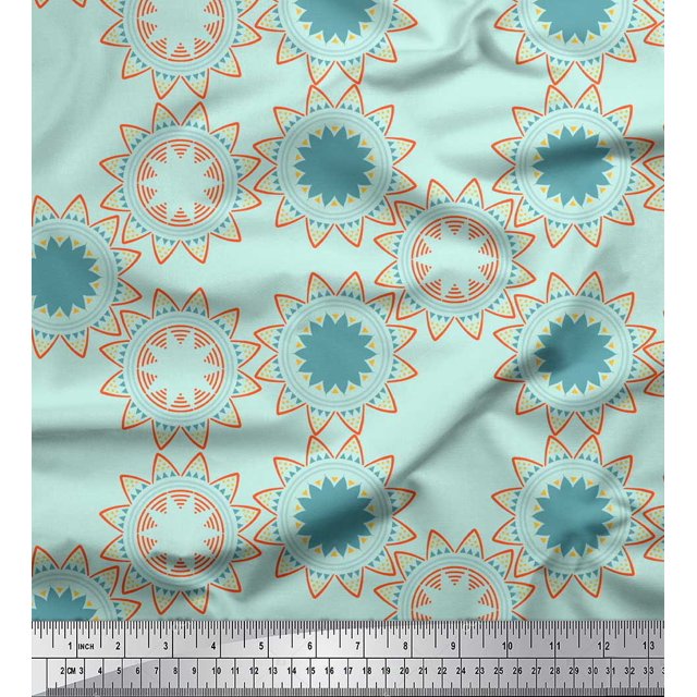 Soimoi Green Poly Georgette Fabric Sun Mandala Decor Fabric Printed Yard 52 Inch Wide