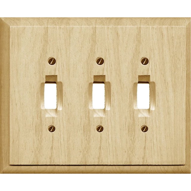 Atron Electro Industries Traditional Unfinished Triple Toggle Wall Plate made of light unfinished wood with three toggle switch openings and six mounting screws, designed for easy painting or staining to match home décor.