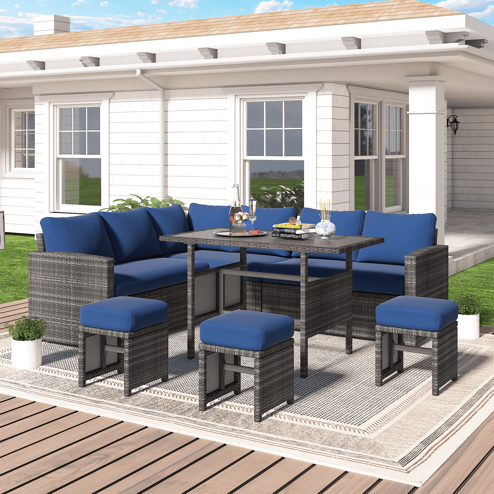 AECOJOY Ensemble de Mobilier de Patio 7 Pcs Ensemble de Salle à Manger d'Extérieur en Rotin PE Canapé Sectionnel avec Table Ensemble de Conversation de Patio en Bleu Foncé