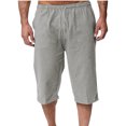 thumbnail image 2 of EOYWHK Mens Linen Capri Pants Summer Loose Fit Lightweight Sleep Shorts Elastic Waist Drawstring with Pockets, 2 of 7