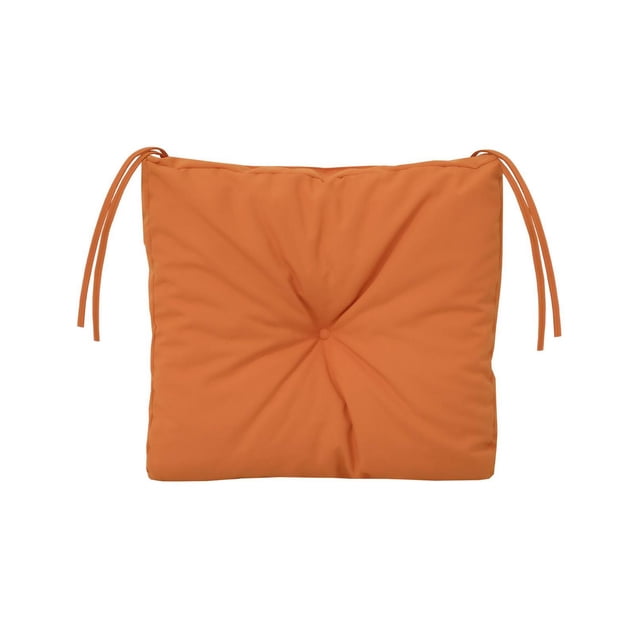 2 Pack Seat Cushions in burnt orange with square tufted design and side ties for securing to outdoor chairs, made from 100% polyester fabric with 500 UV hours and water resistance, measuring 17 x 18 x 4.5 inches, often used to add comfort and style to patio seating.
