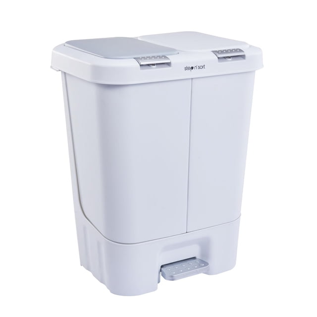 The Step N' Sort 40L Dual Trash and Recycling Bin in white with two 20-liter removable inner bins, spring top lids for individual access, and a hands-free foot pedal that opens the slow-close lid covering both compartments, suitable for efficient waste sorting and recycling.