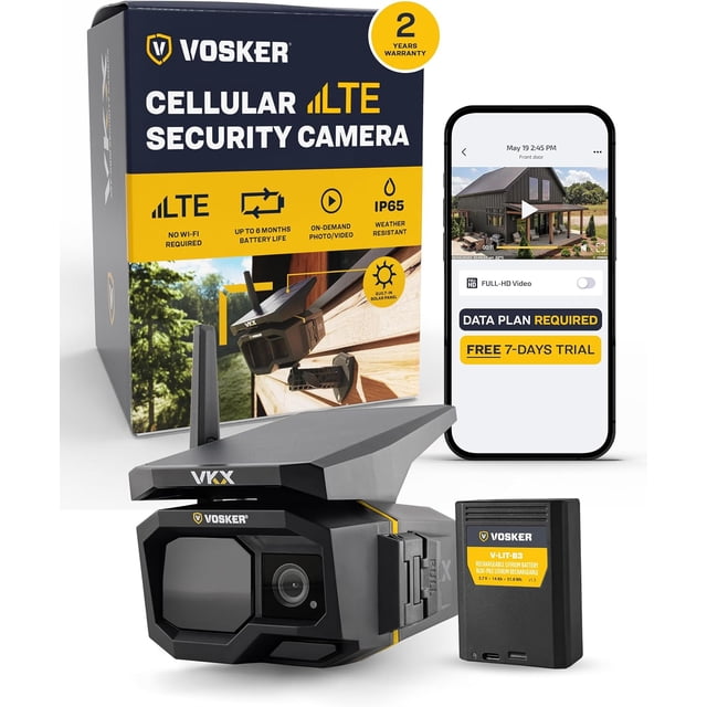 Vosker VKX Solar 4G LTE Cellular Security Camera designed for remote surveillance with built-in solar panel, 1080p HD motion-activated recording, night vision, and IP65 weather resistance. Features a rechargeable lithium battery, rugged antenna, and mobile app integration for smart home security and on-demand video access. Displayed alongside packaging, mobile app interface, and removable battery.