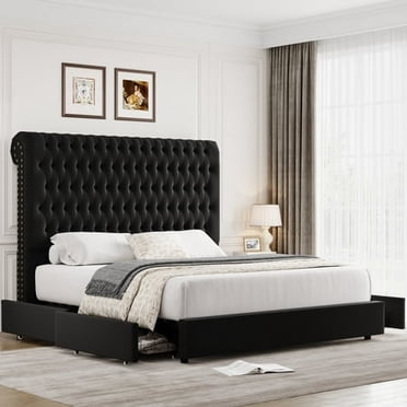 Homfa 54.7" Tall Headboard Bed Frame, Queen Size Storage Bed with Headboard, Tall Upholstered Bed with Footboard and Drawers, Black