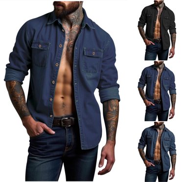 YOIAVAIOY Men Long Sleeve Denim Shirts Loose Fit Button Down Shirt Casual Outdoor Collared Tops