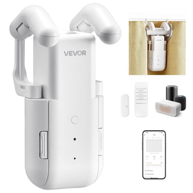 VEVOR Automatic Curtain Opener Electric Smart Curtain Opener for Roman Rods, featuring a white ABS casing and durable rollers for smooth, quiet operation. Shown mounted on a Roman rod, it supports curtains up to 35 lbs. Includes a remote control, wireless gateway, Type-C cable, and other accessories. Offers smart automation with remote, app, and voice control via Tuya or Google Home. Built-in light and temperature sensors enable advanced features like timers, position control, and custom scenes. Compact design with dimensions of 9.4 x 3.4 x 2.2 inches and a weight of 1.5 lbs.