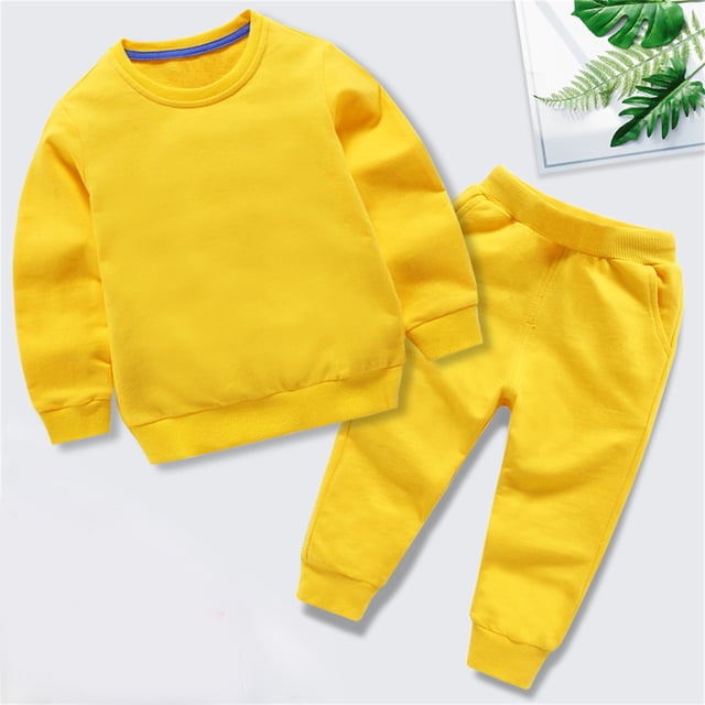 LSLJS Ensemble Automne Hiver pour Tout-Petits Garçons Filles, Bonbon, Couleur Unie, Chandail à Col Rond et Pantalon de Jogging ( Jaune, 9-10 Ans )