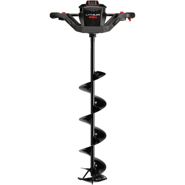 StrikeMaster Lithium 40V Power Ice Auger with a 10-inch blade in black. This electric, battery-powered Ice Auger Caractéristiques d'Une Tarière en Spirale durable et de Poignées Ergonomiques pour un Perçage sur Glace Efficace. Convient à la Pêche sur Glace et à d'Autres applications de Perçage sur Glace dans les Environnements Froids.