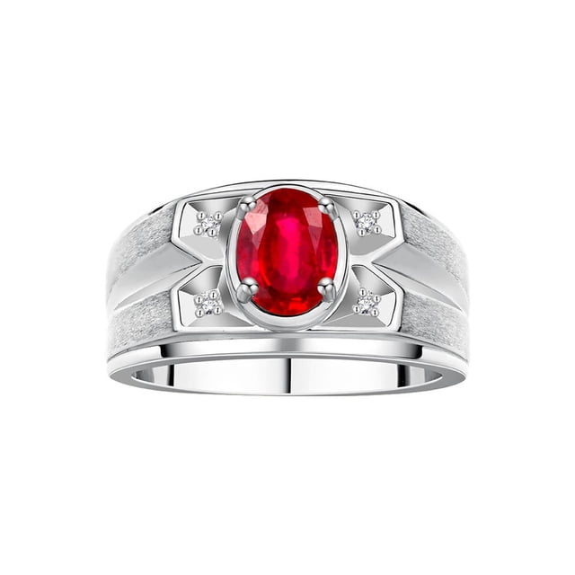 RYLOS Men's Rings Sterling Silver Rings Classic Designer Style 8X6MM Oval Gemstone & Diamond Ring Ruby July Birthstone Rings For Men, Size 9