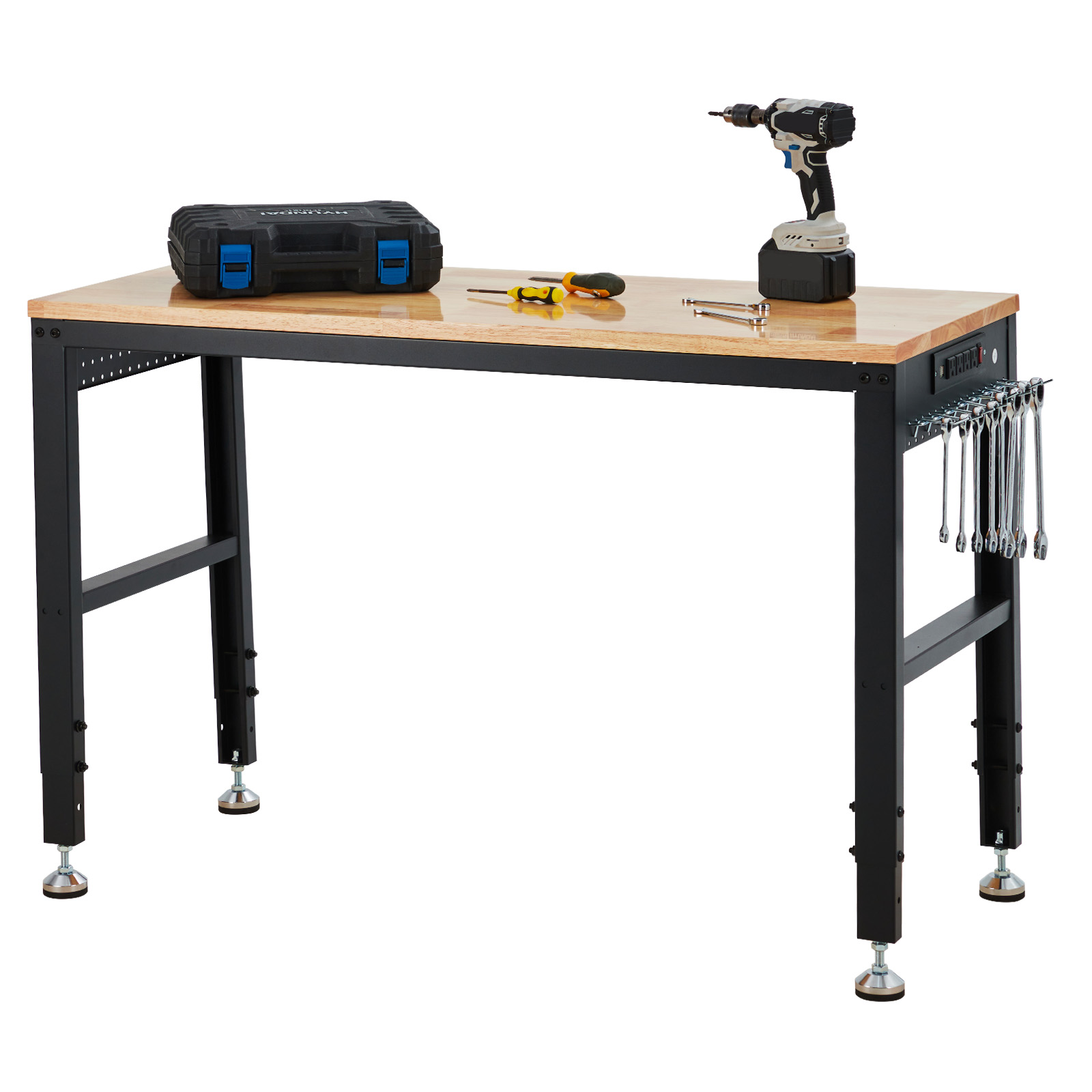 BeesClover Height Adjustable Workbench, Industrial Work Table, Heavy-Duty Workbench, 48" Garage Work Table with 1" Thick Oak Top & 2000 LBS Capacity, for Workshop, Office, Home
