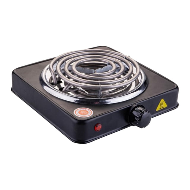 Lijie Electric Coil Burner Adjustable Temperature Compact Countertop Coiled Burner Single 1000W in black. Durable metal construction with a single coil heating element and adjustable temperature knob offering five settings. Compact and portable hot plate suitable for various cookware types, including stainless steel, glass, and aluminum. Ideal for cooking, boiling water, and keeping food warm. Includes power indicator light and measures 21x21cm, perfect for small appliance needs.