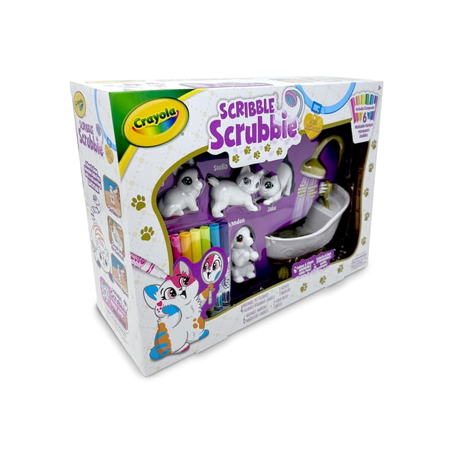 Crayola Scribble Scrubbie Pets Scrub Tub Playset with four white, colorable and washable pet figures named Stella, Jake, and Brandon, a clawfoot bathtub with gold showerhead, and six washable markers, ideal for creative kids craft kits and arts & crafts play.