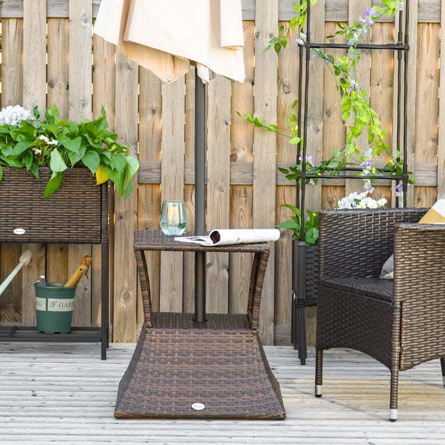 Table Basse en Rotin Brun Mixte avec Rangement et Trou pour Parasol - Table d'Appoint Extérieure de 21,3 Pouces, Cadre en Métal et Osier PE Résistant aux Intempéries pour Patio, Balcon et Salon