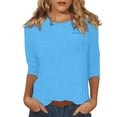 thumbnail image 1 of DENGDENG Chemisiers pour Femmes Chandails à Manches 3/4 Polyester Tuniques Amples Hauts Décontractés T-Shirts à Col Rond Mignons d'Été Chandails à Manches au Coude Boho Chandail à Manches Trois Quarts Haut à Enfiler Chemisiers Petite avec Poche Cyan m, 1 of 9
