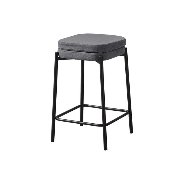 Monarch Specialties barstool, counter height, set of 2, featuring backless design with thick padded grey fabric seats and slim black metal legs with square footrest, suitable for kitchen seating or contemporary dining areas.