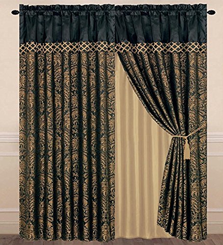 Chezmoi Collection Lisbon 4-Piece Jacquard Floral Window Curtain Set, Sheer Backing, Tassels, Valance, Black/Gold