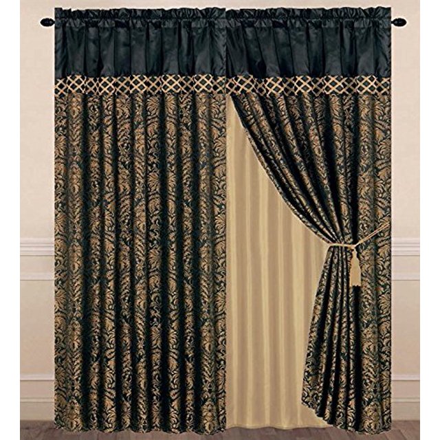 Chezmoi Collection Lisbon 4-Piece Jacquard Floral Window Curtain Set, Sheer Backing, Tassels, Valance, Black/Gold