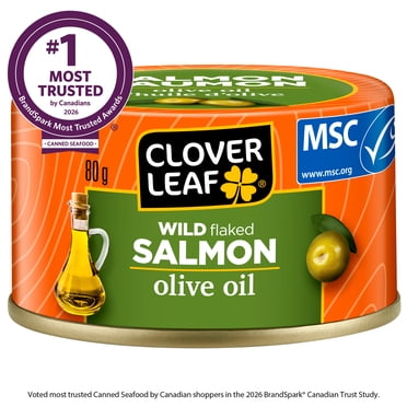 Saumon sauvage émietté – huile d’olive 80 g de Clover Leaf, MSC Certified, ne contient aucun agent de conservation, produits de la mer en conserve. sans gluten.