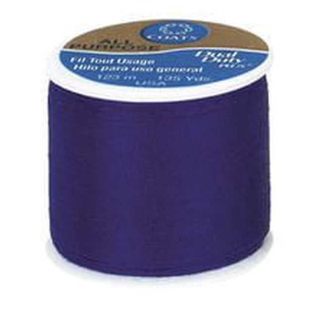 Coats & Clark All Purpose Polyester Thread spool in dark blue, cylindrical with tightly wound 100% polyester covered polyester thread, ideal for hand and machine sewing on knits and woven fabrics, 123 metre length, often used in various sewing notions and accessories.