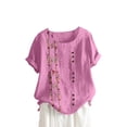 thumbnail image 1 of Dealovy Hauts en Coton et Lin pour Femmes, Col Rond, Manches Courtes, T-Shirts Brodés à Motif Floral, T-Shirts Grande Taille, 1 of 3