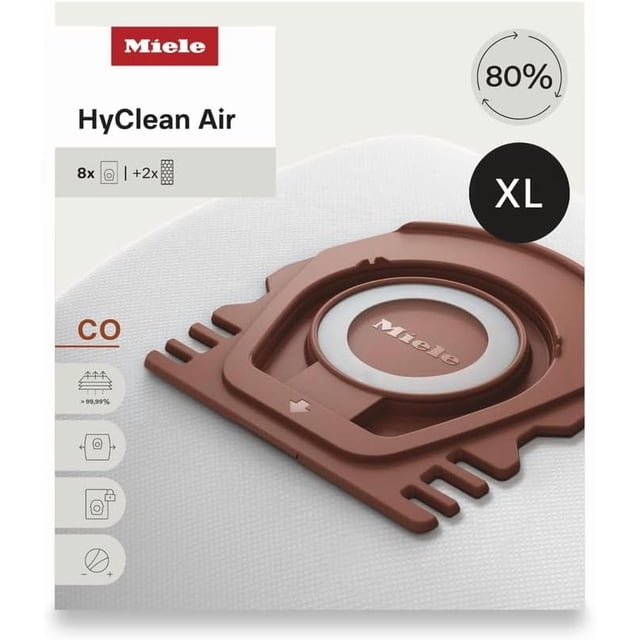 Miele HyClean Air CO Vacuum Cleaner Bags for Miele Guard M1 Vacuum Cleaners, XL Pack of 8 Vacuum Bags and 2 AirClean Exhaust Filters – 12909630
