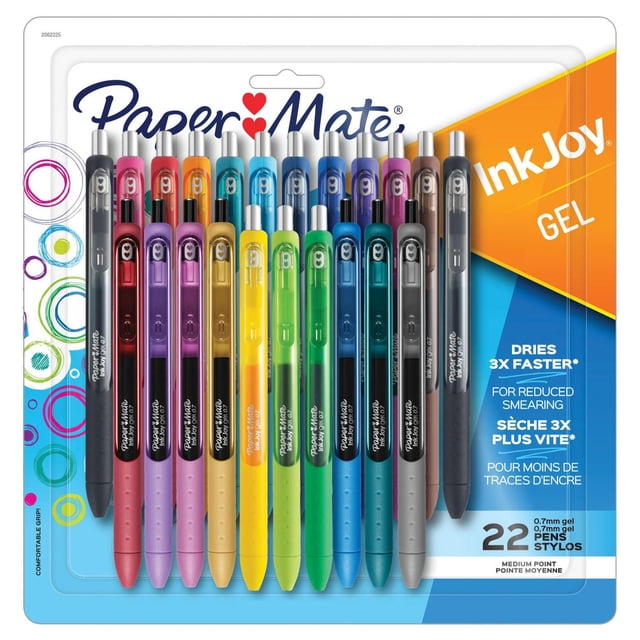 Paper Mate InkJoy Stylos Gel, Pointe Moyenne (0,7 mm), Couleurs Assorties, Lot de 22 avec Encre Gel Lisse à Séchage Rapide Qui Réduit les Bavures, avec des Poignées Ergonomiques Confortables Entièrement Enveloppées dans des Couleurs Vibrantes, Affichées dans un Emballage blister Transparent avec Texte Bilingue Anglais-Français.