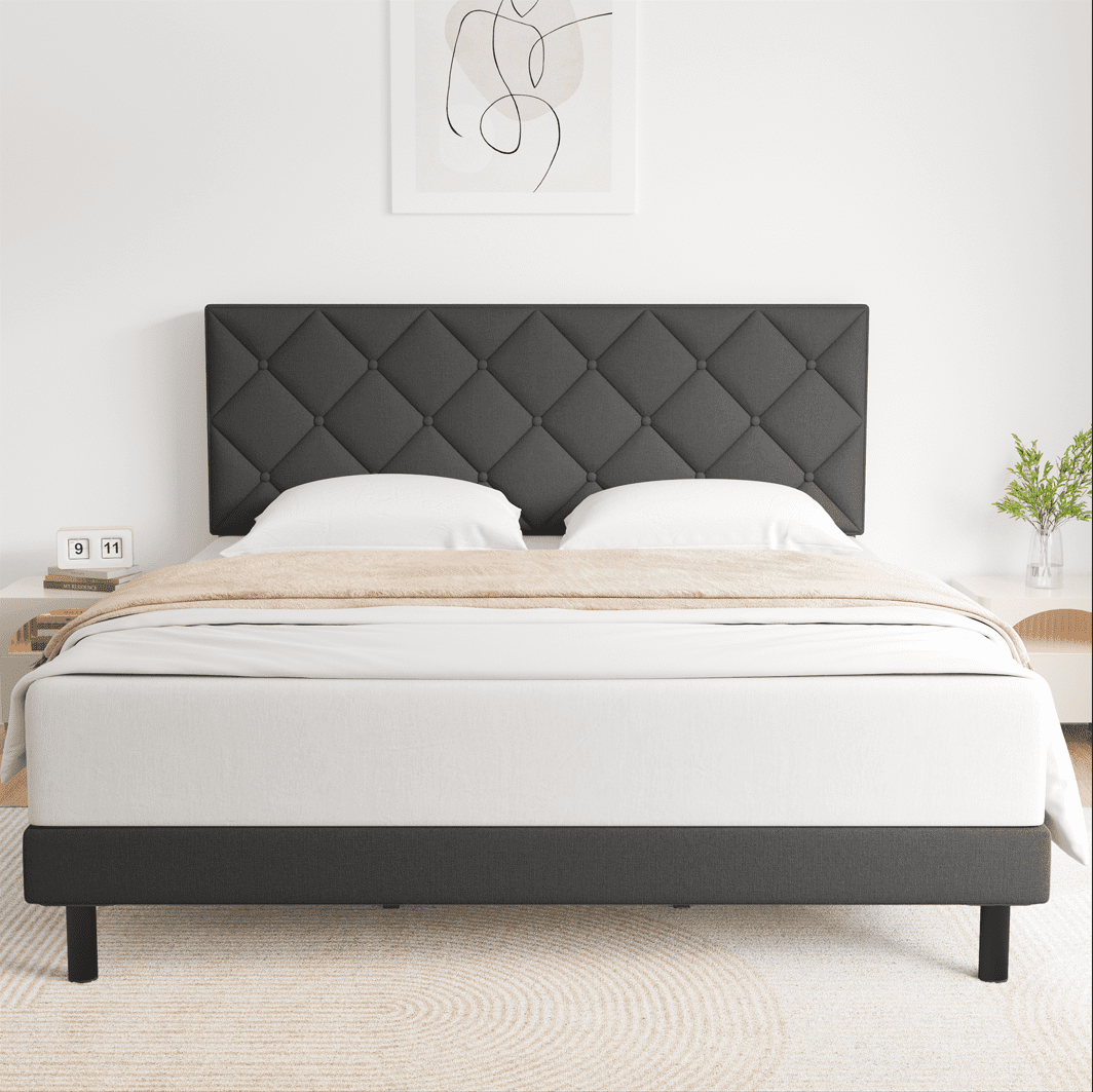 Cadre de Lit Grand, Lit Plateforme Taille Grand avec Tête de Lit Rembourrée en Tissu, Gris Foncé