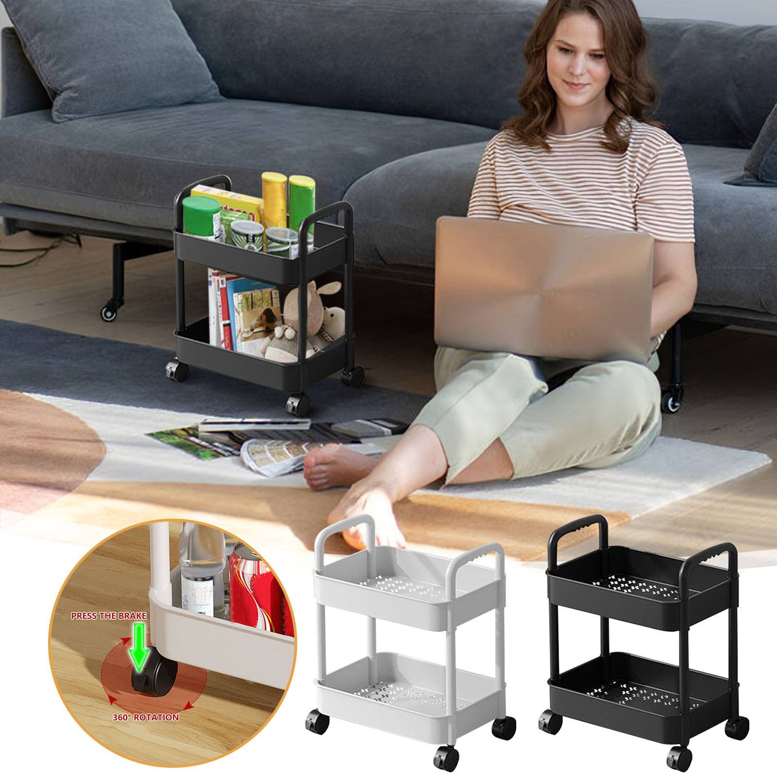 Vaidha 2-Tier Rolling Storage Cart With Wheels- Plastic Multi-Room Organizer For Kitchen- Living Room-Office -Bathroom