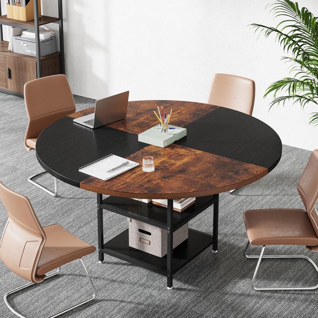 Tribesigns 47-Inch Round Conference Table with Storage Shelf, Modern Meeting Table for 4-6 People with Metal Legs for Office or Seminar Room, Black Brown