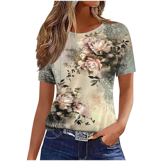 Pisexur Hauts pour Femmes, Hauts de Printemps pour Femmes 2025, Hauts pour Dames, T-shirt Imprimé Décontracté et Tendance pour Femmes avec Col Rond et Manches Courtes Kaki, 2TG